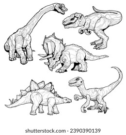 Dinosaur drawing vector set. Sketch of dinosaurs 