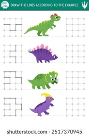 Dinosaur drawing, writing, tracing, space orientation activity for kids with ancient animals. Draw the lines in square box according the example. Preschool prehistoric printable game, puzzle
