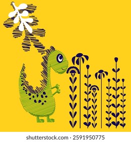 Dinosaur drawn with a stroke with dark blue flowers on a yellow background. Children's illustration.