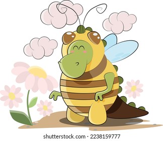Dinosaur dressed as a bee collects flowers
