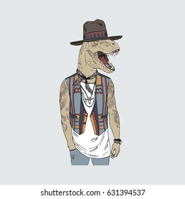 dinosaur dressed up in boho style, furry art illustration, fashion animals