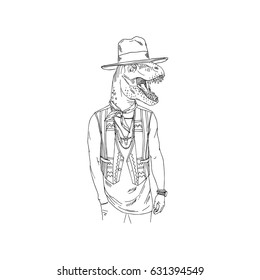 dinosaur dressed up in boho style, furry art illustration, fashion animals