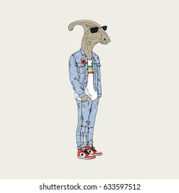 dinosaur dressed up in style of 90's, furry art illustration, fashion animals
