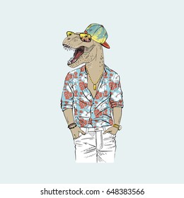 dinosaur dressed up in summer shirt,  anthropomorphic illustration, fashion animals