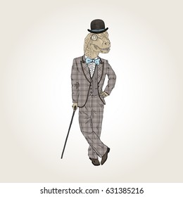 dinosaur dressed up in vintage style, furry art illustration, fashion animals