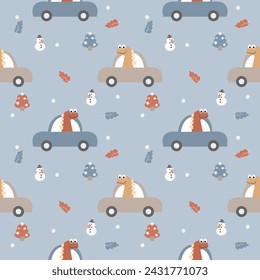 Dinosaur drive a car cartoon so cute. On snowman tree leaf background. Pattern seamless vector illustration. 