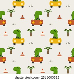 Dinosaur drive car cartoon so cute. On tree traffic cone background. Pattern seamless vector illustration. 