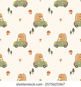 Dinosaur drive car cartoon so cute. On house tree flower background. Pattern seamless vector illustration. 