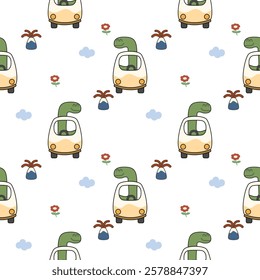 Dinosaur drive car cartoon so cute. On flower cloud white background. Pattern seamless vector illustration. 