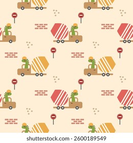 Dinosaur drive cement mixer truck cartoon so cute. On traffic signs wall background. Pattern seamless vector illustration. 