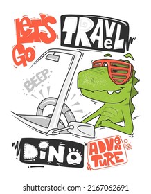 Dinosaur a drive in a convertible. vector shirt print design.