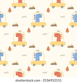 Dinosaur drive taxi cartoon so cute. On tree mountain background. Pattern seamless vector illustration. 