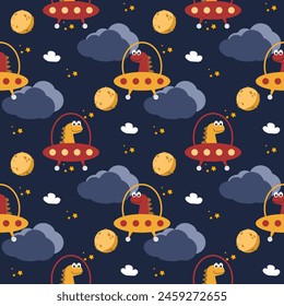 Dinosaur drive ufo cartoon so cute. On cloud star moon blue background. Pattern seamless vector illustration. 