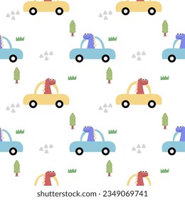 Dinosaur driving a car cartoon so cute. On tree mountain grass white background. Pattern seamless vector illustration. 
