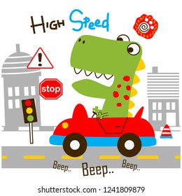 dinosaur driving a car funny animal cartoon,vector illustration