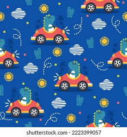 Dinosaur driving cartoon vector pattern background.