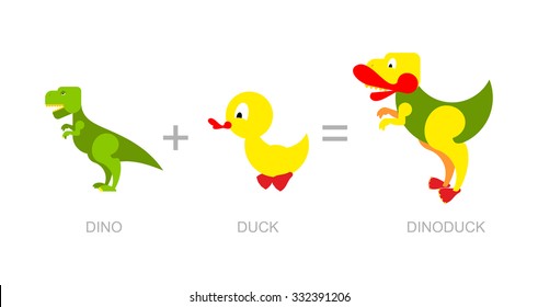 Dinosaur and duck. Dino-Duck - new species of dinosaurs. Crossing of Tyrannosaurus Rex and aquatic birds. Birth of  new monster.
