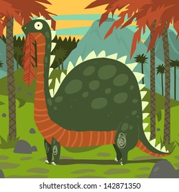 Dinosaur Eating Leaves. The Vector Illustration Of Funny Brontosaurus Eating Leaves.