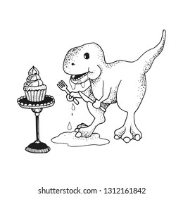 Dinosaur eats cupcake. Vector illustration