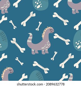 Dinosaur, egg, bone pattern for children.Cute Seamless pattern with dots and tropical tree and cute dinosaur in flat style. Vector illustration.