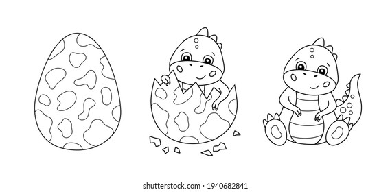 Dinosaur egg and cute little dinosaur for kid coloring book. Baby tyrannosaurus. Children puzzle game. Black and white cartoon isolated vector illustration on white background