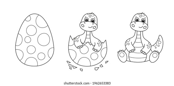 Dinosaur egg and cute little dinosaur for kid coloring book. Baby brontosaurus. Children puzzle game. Black and white cartoon isolated vector illustration on white background