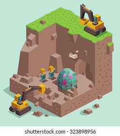 Dinosaur egg found. Isometric vector illustration