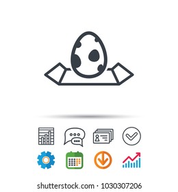 Dinosaur egg icon. Location map symbol. egg concept. Statistics chart, chat speech bubble and contacts signs. Check web icon. Vector