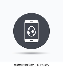 Dinosaur egg icon. Smartphone device symbol. Flat web button with icon on white background. Gray round pressbutton with shadow. Vector