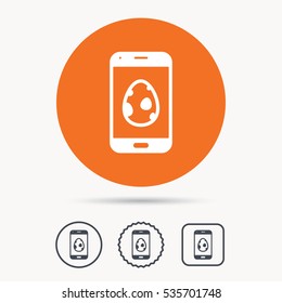 Dinosaur egg icon. Smartphone device symbol. egg concept. Orange circle button with web icon. Star and square design. Vector