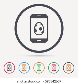 Dinosaur egg icon. Smartphone device symbol. egg concept. Round circle buttons. Colored flat web icons. Vector