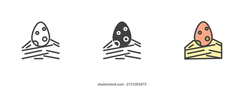 Icono de nido de huevo de dinosaurio establecido en estilos de línea, sólidos y rellenos. Icono prehistórico del Vector de la Reproducción del reptil, ilustración en color de la vida antigua.