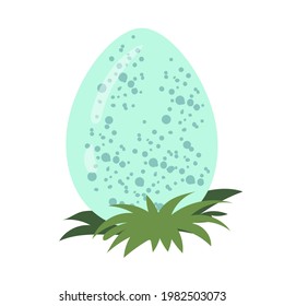 Dinosaur egg on the grass. Little dinosaur's birthday. Bright children's print. Vector illustration on a white background