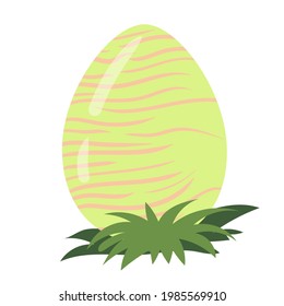 Dinosaur egg on the grass. Little dinosaur's birthday. Bright children's print. Vector illustration on a white background