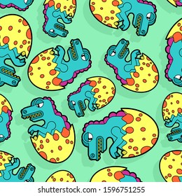 Dinosaur in egg pattern seamless. Small dyno in shell background. Baby fabric texture. Cartoon vector ornament