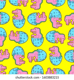 Dinosaur in egg pattern seamless. Small dyno in shell background. Baby fabric texture. Cartoon vector ornament