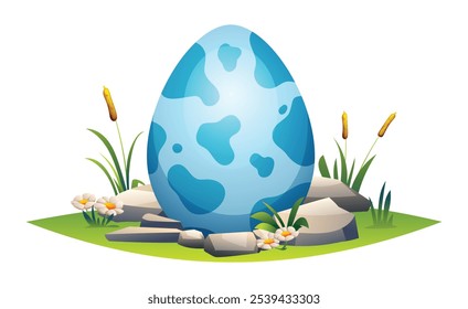 Dinosaur egg with spots nestled among rocks and flowers in grass. Vector cartoon illustration