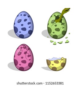 Dinosaur eggs in cartoon style. Isolated image of broken colorful object.   Dino icons. Vector illustration