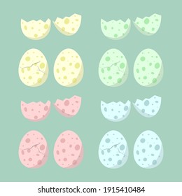 Dinosaur eggs. Eggs with cracks, half eggs. Eggs are pink, blue, yellow and green with spots. Vector illustration.