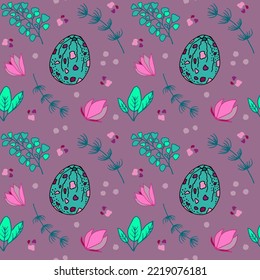 Dinosaur eggs with plants and floral elements seamless pattern. Hand drawn design. Perfect for stationery, wrapping paper, fashion clothes.