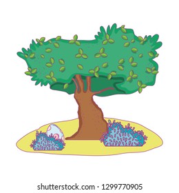 dinosaur eggs with tree landscape