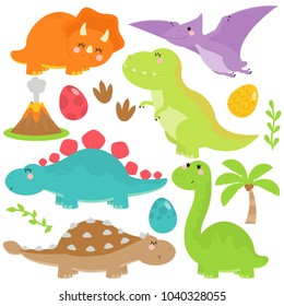 Dinosaur, Eggs and Volcano in White Background