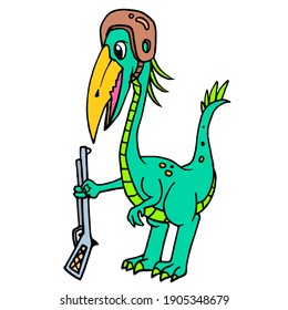 emoticono de dinosaurio usando casco con rifle de escopeta, kawaii dibujante de doodle. ilustración vectorial