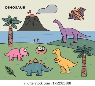 Dinosaur era background and cute dinosaurs. flat design style minimal vector illustration.