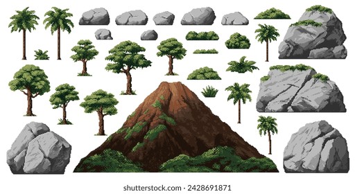 Dinosaur era environment pixel game assets, palms, stones and volcano mountain, vector set. Jurassic world 8bit pixel game elements of stone rocks and green trees for dinosaur island adventure