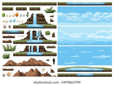 Dinosaur era environment pixel game asset. Waterfall cascade and mountains, lake and river, sky and flowers, fern, stumps and logs elements for creating prehistoric landscapes in retro video games