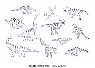 Dinosaur era vector line illustrations set.