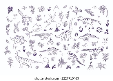 Ilustraciones de línea vectorial de la era de los dinosaurios.