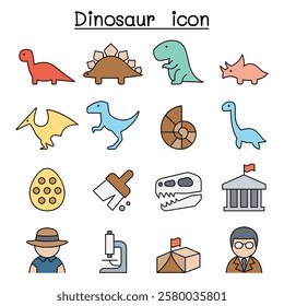 Dinosaur and Excavation icon in color line style