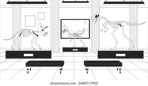 Dinosaur exhibition museum black and white line illustration. Natural history exhibits 2D interior monochrome background. Prehistoric times dino bones, fossils gallery outline scene vector image